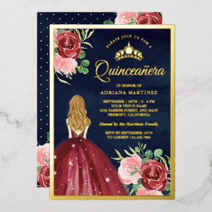 Invitation En Aluminium Robe Florale Bourgogne Marine bleu Quinceanera Or
