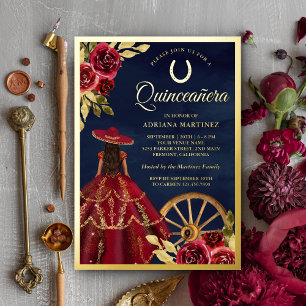 Invitation En Aluminium Robe Florale Bourgogne Marine Charro Quinceanera O