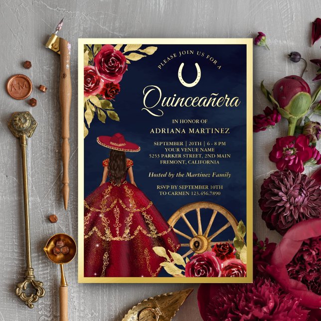 Invitation En Aluminium Robe Florale Bourgogne Marine Charro Quinceanera O (Créateur téléchargé)