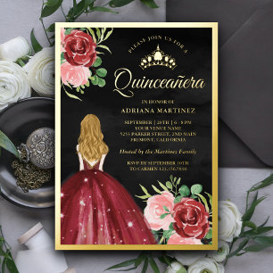 Invitation En Aluminium Robe Florale Bourgogne Noir Quinceanera Or