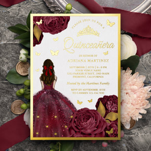 Invitation En Aluminium Robe Florale Bourgogne Papillon Quinceanera Or