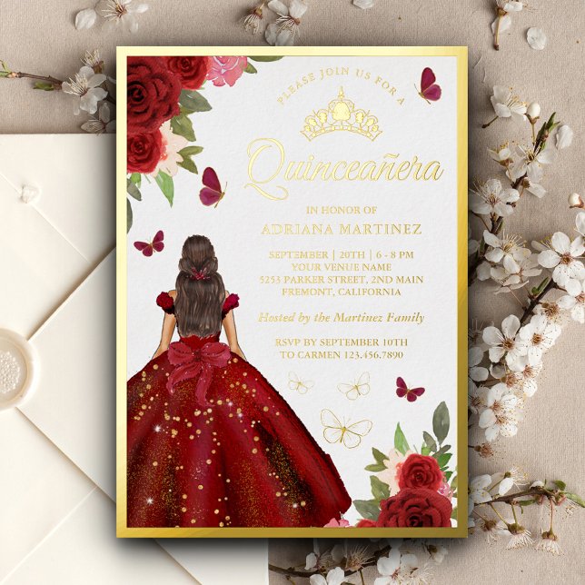 Invitation En Aluminium Robe Florale Bourgogne Papillon Quinceanera Or (Créateur téléchargé)
