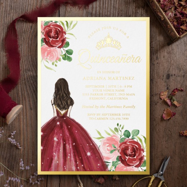 Invitation En Aluminium Robe Florale de Bourgogne Princesse Quinceanera Go (Créateur téléchargé)