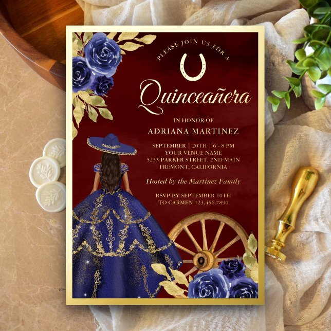 Invitation En Aluminium Robe florale de la marine Bourgogne Charro Quincea (Créateur téléchargé)