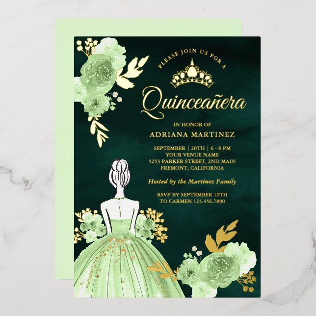 Invitation En Aluminium Robe Florale de menthe Emerald Vert Quinceanera Or (Recto/Verso)