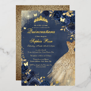 Invitation En Aluminium Robe Florale de papillon de la Marine d'or Quincea
