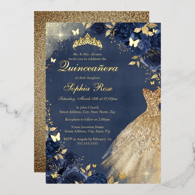 Invitation En Aluminium Robe Florale de papillon de la Marine d'or Quincea (Recto/Verso)