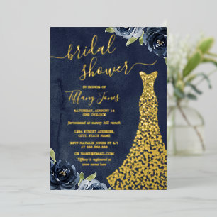 Invitation En Aluminium Robe florale dorée Navy en feuille d'or Mariage