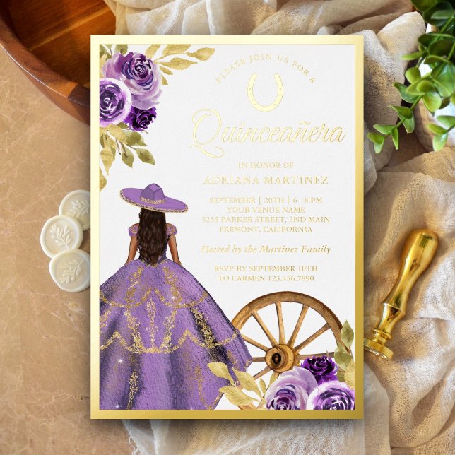 Invitation En Aluminium Robe florale Dusty Lilac Charro Quinceanera Or (Créateur téléchargé)