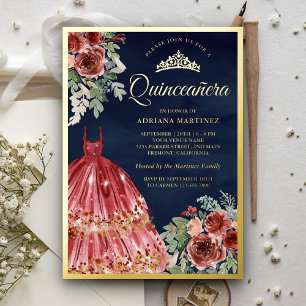 Invitation En Aluminium Robe Florale Marsala Rouge Quinceanera Marine Or