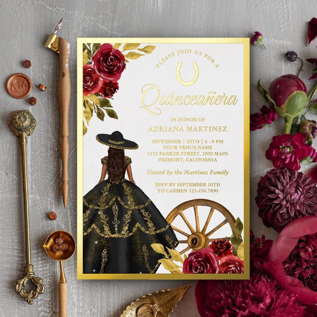Invitation En Aluminium Robe florale Noir Charro Quinceanera Or (Créateur téléchargé)
