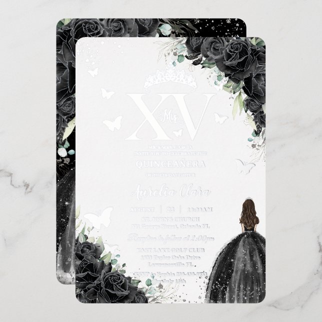 Invitation En Aluminium Robe Florale noire Quinceañera Quince 15 XV Argent (Recto/Verso)