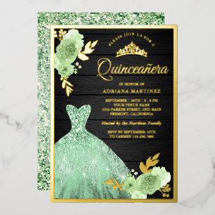 Invitation En Aluminium Robe Florale Pailletée Menthe Quinceanera Or Bois