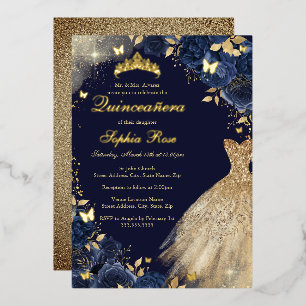 Invitation En Aluminium Robe florale papillon or marine Quinceanera