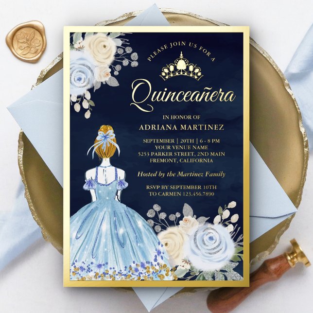 Invitation En Aluminium Robe florale Pastel bleu Marine Quinceanera Or (Créateur téléchargé)