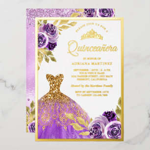 Invitation En Aluminium Robe Florale pourpre Éperche Quinceanera Or