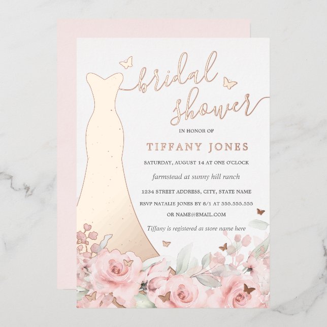 Invitation En Aluminium Robe Florale Rose Blush Rose Gold Mariage  (Recto/Verso)