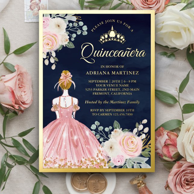 Invitation En Aluminium Robe florale rose pâle Marine bleu Quinceanera Or (Créateur téléchargé)