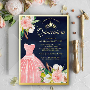 Invitation En Aluminium Robe Florale Rose Pâle Quinceanera Bleu Marine Or 