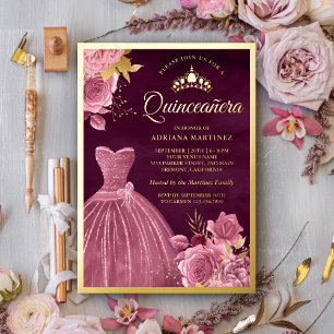 Invitation En Aluminium Robe Florale Rose Poussiéreuse Quinceanera Or Plum