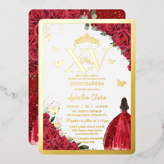 Invitation En Aluminium Robe Florale Rouge Quinceañera Quince 15 XV Or (Recto/Verso)