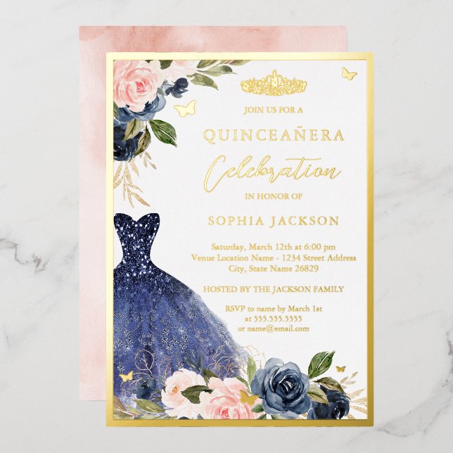 Invitation En Aluminium Robe Florale Tiara de la Marine Rose Quinceanera (Recto/Verso)