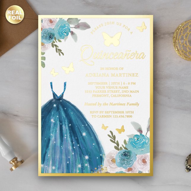 Invitation En Aluminium Robe Florale Turquoise Papillon Quinceanera Or (Créateur téléchargé)
