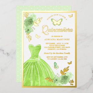 Invitation En Aluminium Robe Florale Vert Citron Papillon Quinceanera Or