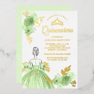 Invitation En Aluminium Robe Florale verte à la menthe Princess Quinceaner
