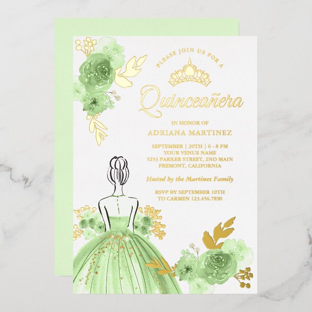 Invitation En Aluminium Robe Florale verte à la menthe Princess Quinceaner (Recto/Verso)