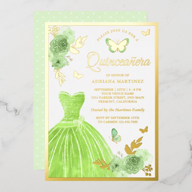 Invitation En Aluminium Robe Florale verte Lime Papillon Quinceanera Or (Recto/Verso)