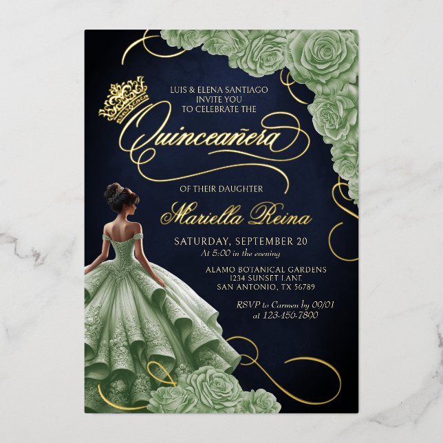 Invitation En Aluminium Robe Florale verte Sage Quinceañera (Recto)