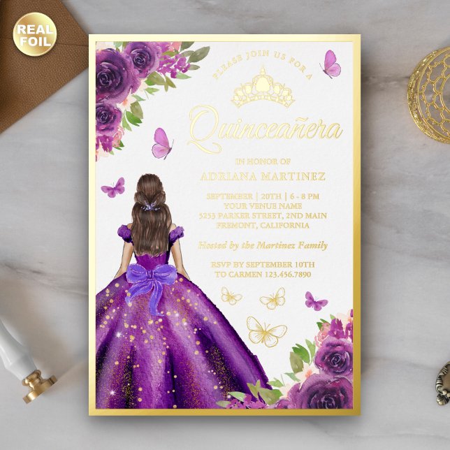 Invitation En Aluminium Robe Florale violette Papillon Quinceanera Or (Créateur téléchargé)