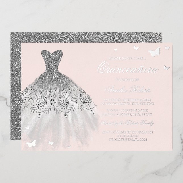 Invitation En Aluminium Robe FOIL ARGENT Papillon Quinceanera (Recto/Verso)