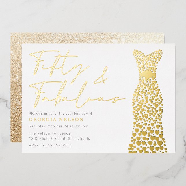 Invitation En Aluminium Robe Gold Foil Cinquante et fab 50e fête d'anniver (Recto/Verso)