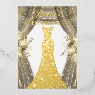 Invitation En Aluminium Robe Gold Foil Golden Floral 50e fête d'anniversai
