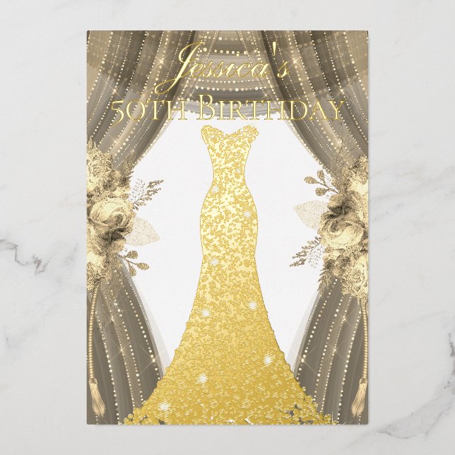 Invitation En Aluminium Robe Gold Foil Golden Floral 50e fête d'anniversai (Recto)