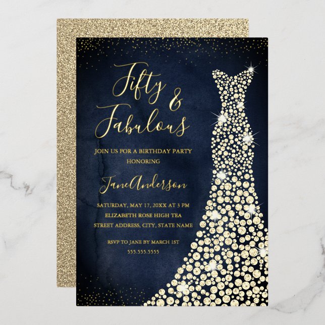 Invitation En Aluminium Robe Gold Navy 50 & Fabuleux anniversaire (Recto/Verso)
