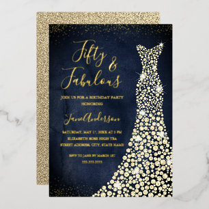 Invitation En Aluminium Robe Gold Navy 50 & Fabuleux Anniversaire Foil Inv