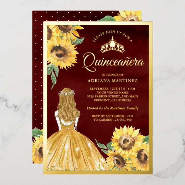 Invitation En Aluminium Robe jaune Fleurs de soleil Bourgogne Quinceanera  (Recto/Verso)