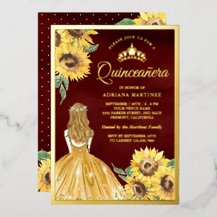 Invitation En Aluminium Robe jaune tournesols burgundy Quinceanera or