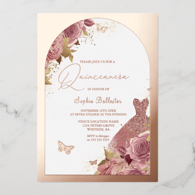 Invitation En Aluminium Robe magique Enchantée Quinceanera Rose Gold (Recto)