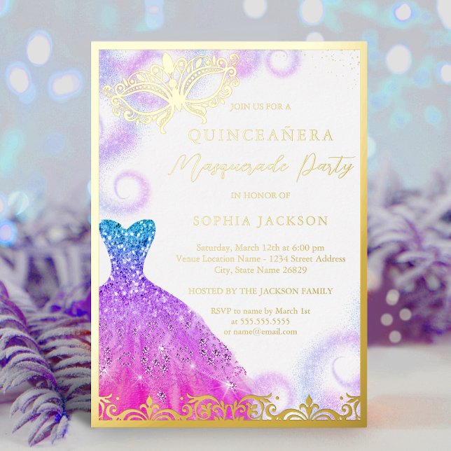Invitation En Aluminium Robe Masquerade bleu violet Quinceanera (Créateur téléchargé)