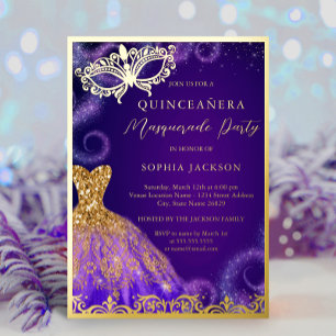 Invitation En Aluminium Robe Masquerade violet or Quinceanera Foi