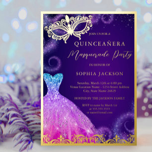 Invitation En Aluminium Robe Masquerade violet or Quinceanera Foi