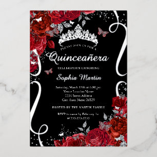 Invitation En Aluminium Robe noire argentée florale papillon Quinceanera