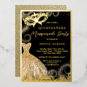 Invitation En Aluminium Robe noire dorée Masquerade Party Quinceanera