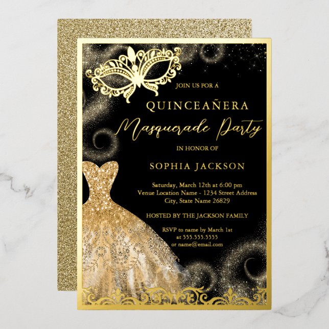 Invitation En Aluminium Robe Noire Or Masquerade Party Quinceanera (Recto/Verso)