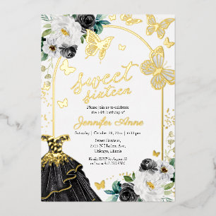 Invitation En Aluminium Robe noire pour Sweet Sixteen papillon en feuille 