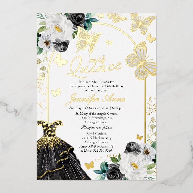 Invitation En Aluminium Robe noire Quince papillon (Recto)